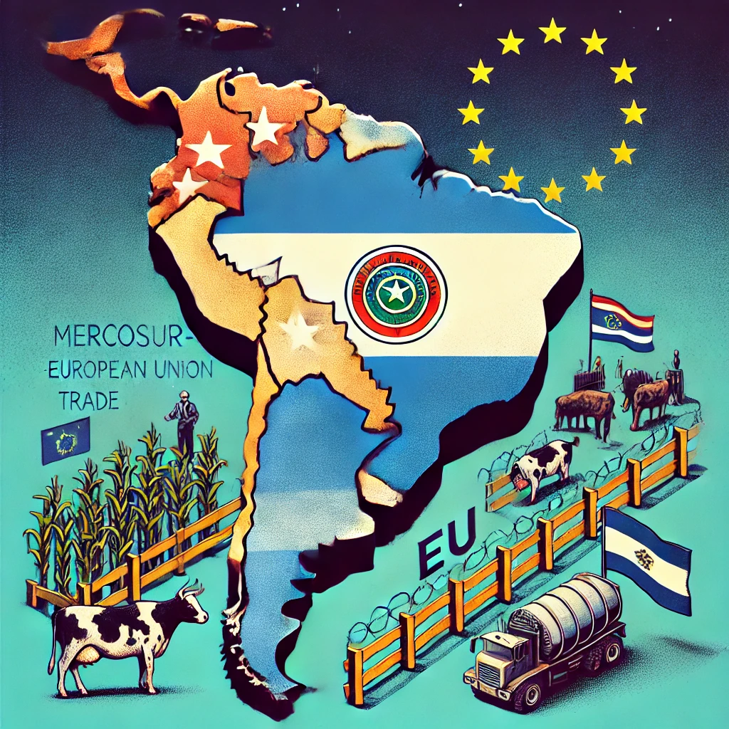 DALL·E-2024-10-19-10.37.08-An-illustration-for-an-article-about-the-risks-to-the-Mercosur-European-Union-trade-agreement-featuring-the-position-of-Paraguay.-The-image-shows-a-s