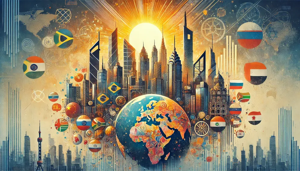DALL·E-2024-11-07-12.32.26-A-powerful-illustration-symbolizing-the-rising-influence-of-BRICS-in-global-politics.-Depict-a-diverse-group-of-towering-modern-city-skylines-blendin-1