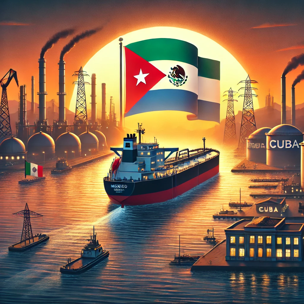 DALL·E-2024-11-11-11.17.19-A-digital-illustration-depicting-Mexico-and-Cubas-energy-cooperation.-The-scene-shows-an-oil-tanker-with-the-Mexican-flag-arriving-on-the-shores-of-C