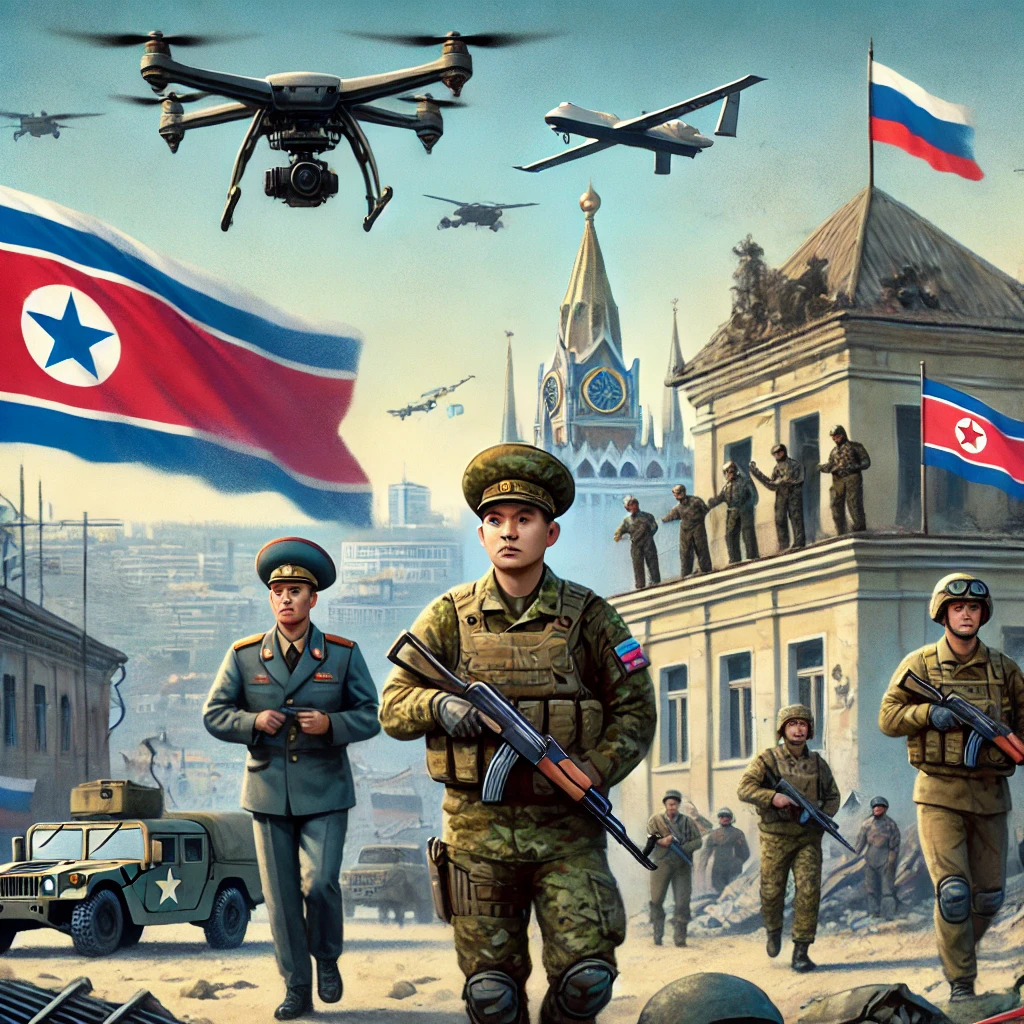 DALL·E-2024-10-19-18.52.41-Illustration-showing-North-Korean-soldiers-in-military-uniforms-arriving-in-a-conflict-zone-to-support-Russian-forces-with-North-Korean-and-Russian-f