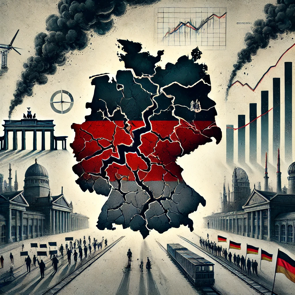 DALL·E-2025-01-06-21.21.38-A-symbolic-illustration-representing-Germany-facing-political-economic-and-social-challenges.-The-image-shows-a-map-of-Germany-with-cracks-and-split