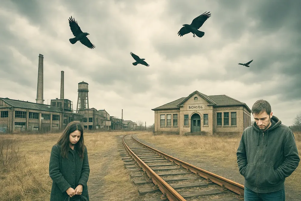 Paisaje industrial desolado con aves