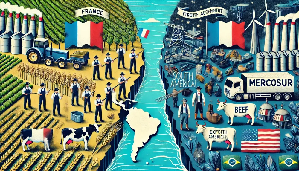DALL·E-2024-12-14-12.56.45-A-visually-captivating-illustration-symbolizing-the-tension-between-France-and-Mercosur-over-the-trade-agreement-with-the-European-Union-showing-divi-1536x878