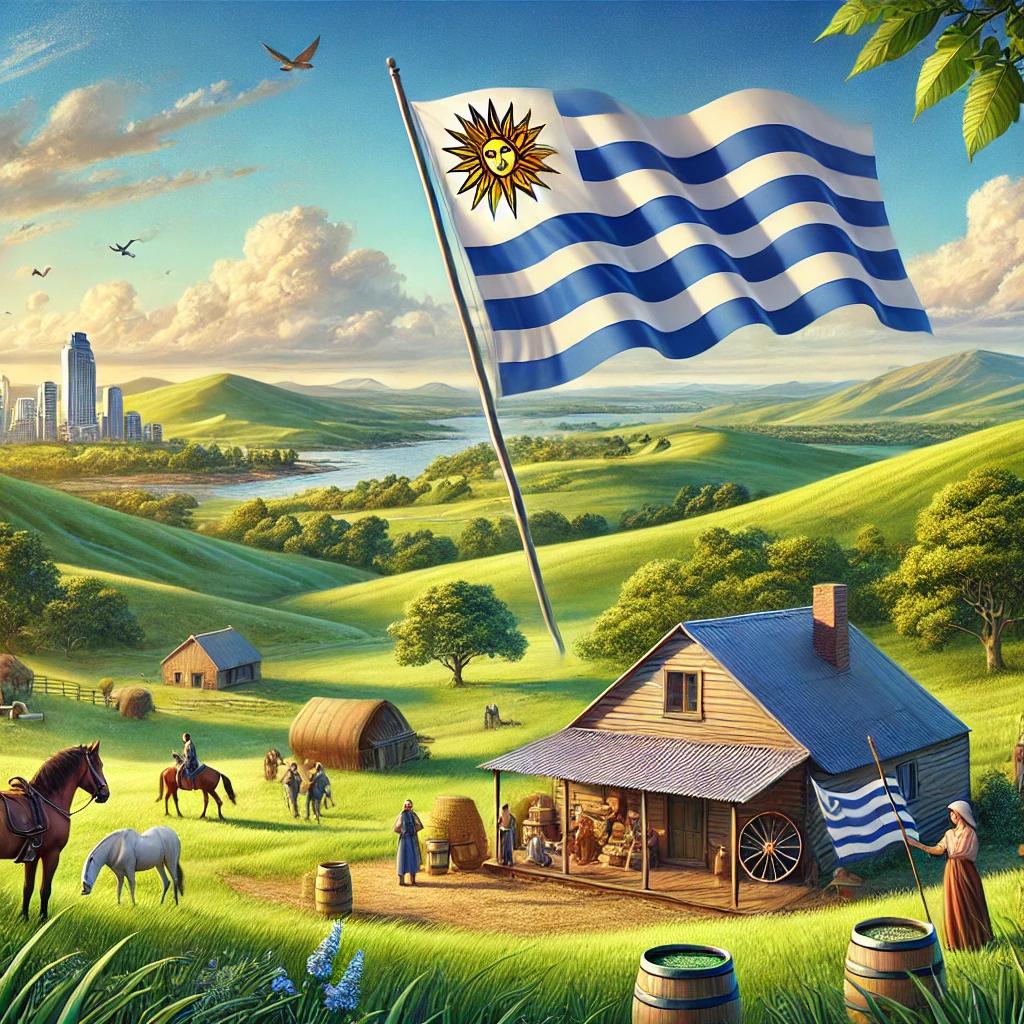 DALL·E-2024-10-31-12.46.45-A-scenic-image-of-Uruguay-capturing-the-essence-of-the-country.-The-scene-includes-rolling-green-hills-rustic-countryside-with-a-small-traditional-fa